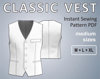 Classic Vest Pattern for Men Waistcoat man Medium Sizes M + L + XL (US 40 + 42 + 44) Digital Sewing Pattern PDF