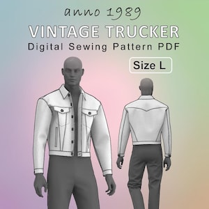 Puede incluir: Patrón de costura digital PDF de una chaqueta de camionero vintage blanca, talla L. La imagen muestra la parte delantera y trasera de la chaqueta. El texto "anno 1989" y "VINTAGE TRUCKER" se muestran en la parte superior.