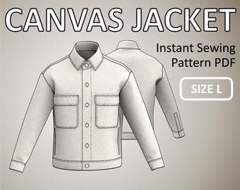 Size L - Canvas Jacket for men Simple Jacket with Front Button Placket Collar and Stand - Digital Sewing Pattern PDF