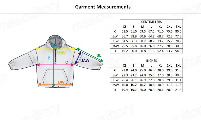 May include: White hoodie with garment measurements in inches and centimeters. The diagram shows the dimensions of the hoodie, including chest, body width, shoulder width, underarm width, and sleeve length. The text "Garment Measurements" is at the top.
