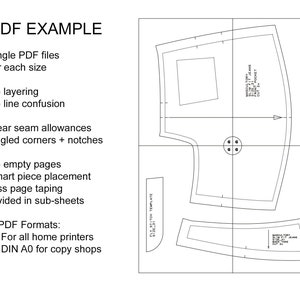 May include: A black and white line drawing of a sewing pattern for a pair of pants. The pattern is divided into four sections, with each section labeled with a different size. The pattern includes seam allowances and notches. The text "PDF EXAMPLE" is at the top of the image. The text "single PDF files for each size" is below the title. The text "no layering, no line confusion, clear seam allowances, angled corners + notches, no empty pages, smart piece placement, less page taping, divided in sub-sheets" is below the text about the PDF files. The text "2 PDF Formats: 1) For all home printers 2) DIN A0 for copy shops" is at the bottom of the image.