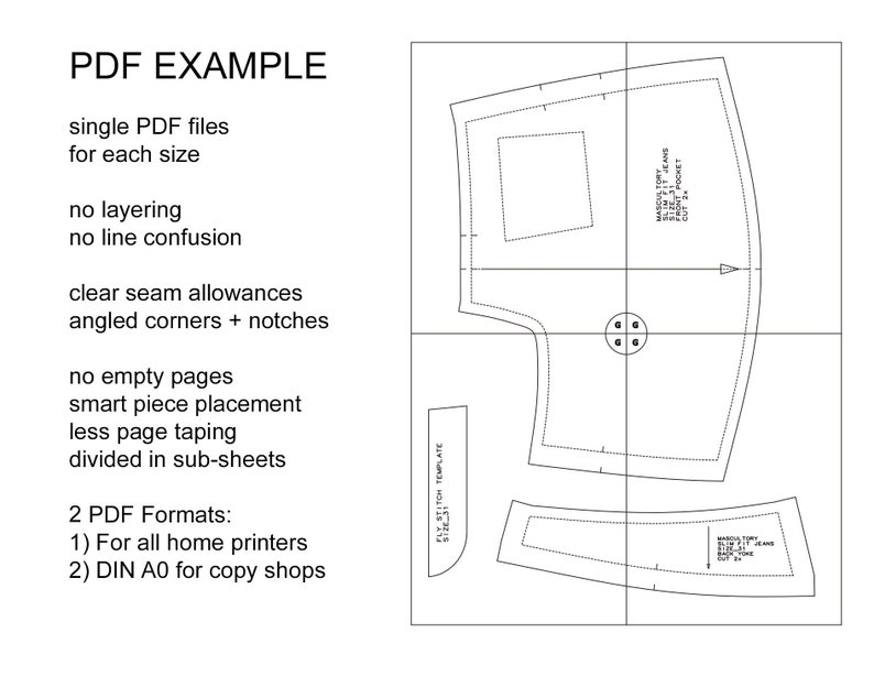 May include: A black and white line drawing of a sewing pattern for a pair of pants. The pattern is divided into four sections, with each section labeled with a different size. The pattern includes seam allowances and notches. The text "PDF EXAMPLE" is at the top of the image. The text "single PDF files for each size" is below the title. The text "no layering, no line confusion, clear seam allowances, angled corners + notches, no empty pages, smart piece placement, less page taping, divided in sub-sheets" is below the text about the PDF files. The text "2 PDF Formats: 1) For all home printers 2) DIN A0 for copy shops" is at the bottom of the image.
