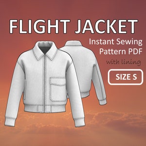 May include: A white flight jacket sewing pattern with a lined interior. The pattern is for size S and is available as an instant download PDF.