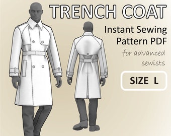 Size L - Trench Coat for men - Classic Tailored Double Breasted Trench Coat with Storm Flaps and Lining- Digital Sewing Pattern PDF