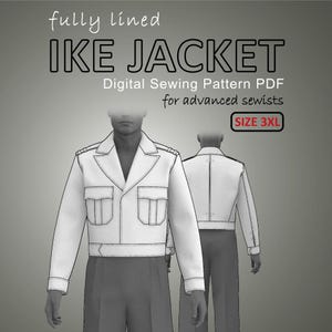 May include: Digital sewing pattern for an Ike Jacket, fully lined. The white jacket has two front pockets and a notched collar. The text on the image says "Digital Sewing Pattern PDF for advanced sewists" and "SIZE 3XL".
