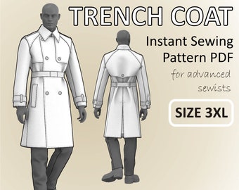 Größe 3XL - Trenchcoat für Männer - Klassischer Zweireiher Trenchcoat mit Sturmklappen und Futter - Digitales Schnittmuster PDF