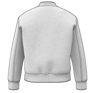 May include: A light gray bomber jacket with a ribbed collar, cuffs, and hem.
