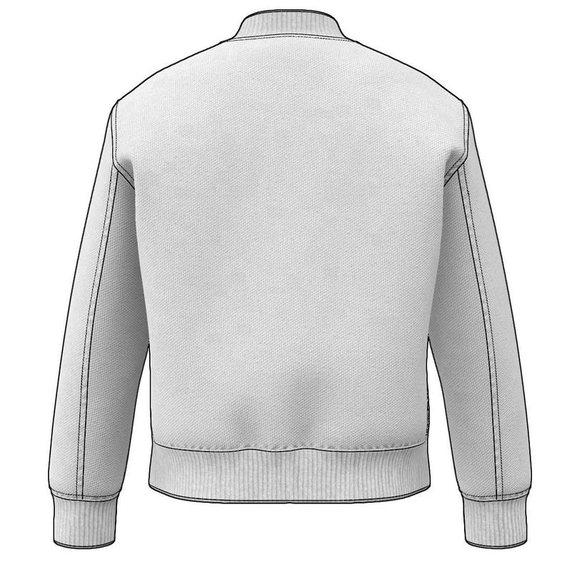 May include: A light gray bomber jacket with a ribbed collar, cuffs, and hem.