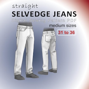 May include: A digital sewing pattern PDF for straight selvedge jeans in medium sizes 31 to 36. The image displays a front and back view of white jeans with visible stitching details, presented as a technical illustration for garment construction.
