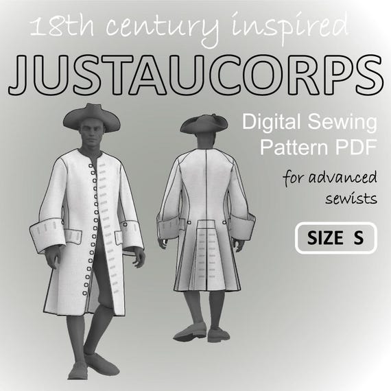 18th Century Justaucorps for Men Digital Sewing Pattern PDF - Size