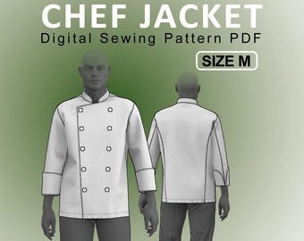 May include: White chef jacket digital sewing pattern PDF, size M. The unlined jacket has a mandarin collar, button closure, and long sleeves. The image shows the front and back views of the jacket.