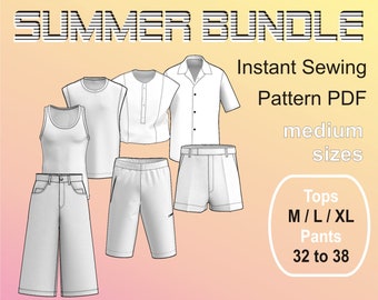 Summer Bundle for men Digital Sewing Pattern PDF Summer Set man- Medium Sizes Tops M + L + XL / Pants 32 + 34 + 36 + 38 + 40