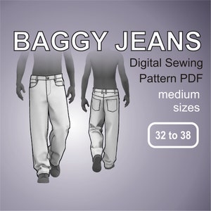 Baggy Jeans - Loose Fit Pants Digital Sewing Pattern PDF Size 32-38