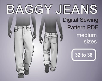 Baggy Jeans - Loose Fit Pants Digital Sewing Pattern PDF Size 32-38