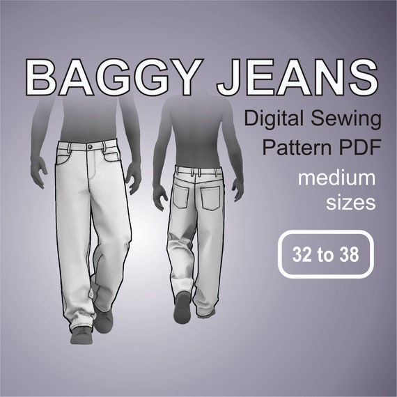 Baggy Jeans Loose Fit Pants Digital Sewing Pattern PDF Size 32-38 