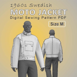 May include: Digital sewing pattern for a 1960s Swedish Moto Jacket, size M. The jacket is white with a high collar, asymmetrical closure, and a small pocket. The image shows a front and back view of the jacket on a mannequin.