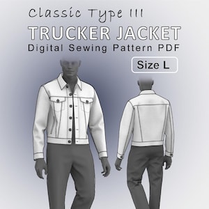 May include: Digital sewing pattern for a white trucker jacket, size L. The jacket features a classic design with button closures, chest pockets, and a collar. The image shows the front and back views of the jacket.