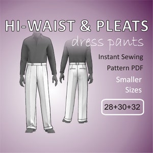 Puede incluir: Una ilustración digital de un pantalón de vestir blanco con pliegues y cintura alta. El pantalón se muestra desde el frente y la espalda. El texto "HI-WAIST & PLEATS dress pants" está en la parte superior de la imagen. El texto "Instant Sewing Pattern PDF" está debajo del pantalón. El texto "Smaller Sizes 28+30+32" está en la parte inferior de la imagen.