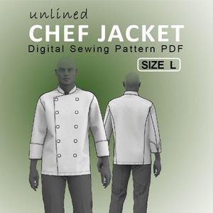 May include: White chef jacket digital sewing pattern PDF, size L. The jacket has a classic design with a mandarin collar and a double-breasted front with six buttons. The image shows the front and back of the jacket.