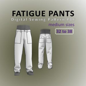 Op de afbeelding: Een digitaal PDF-naaipatroon voor fatigue-broeken in de middelmatige maten 32 tot 38. De afbeelding toont een voor- en achteraanzicht van een witte broek met grote voorzakken, een tailleband met knoop en twee achterzakken met knoop.