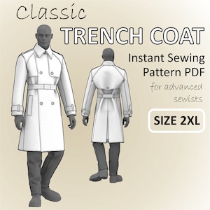 Pode incluir: Um padrão de costura de casaco de trincheira branco para costureiras avançadas. O padrão é para um casaco de trincheira clássico com fecho de dupla abotoadura, cinto e bolsos. O padrão está disponível no tamanho 2XL. Padrão de costura instantâneo PDF.
