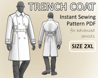 Puede incluir: Un patrón de costura de gabardina blanca para costureras avanzadas. El patrón es para una gabardina clásica con cierre de doble botonadura, cinturón y bolsillos. El patrón está disponible en talla 2XL. Patrón de costura instantáneo PDF.