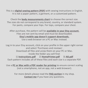 May include: Text on a light gray background details a digital sewing pattern (PDF) with English instructions. It explains how to access and download the pattern from Etsy, including file types and printing instructions. It also provides contact information.