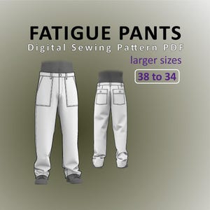 May include: A digital sewing pattern PDF for fatigue pants in larger sizes 38 to 34. The image displays a technical line drawing of white trousers from both the front and back views, featuring large front pockets and buttoned back pockets.