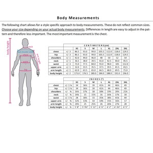 May include: A size chart for clothing with measurements in inches and centimeters. The chart includes measurements for chest, hip, shoulders, neck, waist, upper arm, arm length, and body height.