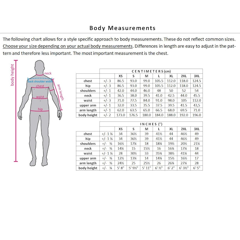 May include: A size chart for clothing with measurements in inches and centimeters. The chart includes measurements for chest, hip, shoulders, neck, waist, upper arm, arm length, and body height.