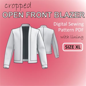 May include: A white cropped open front blazer sewing pattern with a black lining. The pattern is for size XL and is a digital PDF download.  Digital Sewing Pattern PDF with lining. SIZE XL