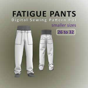 Pode incluir: Um molde de costura digital em PDF para calças fatigue em tamanhos menores de 26 a 32. A imagem exibe um desenho técnico das calças nas vistas frontal e traseira, apresentando grandes bolsos frontais e bolsos traseiros com botões.