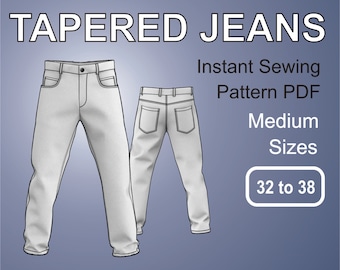 Men's Jeans Tapered Denim Pants Digital Sewing Pattern PDF Medium Sizes Bundle 32 to 38 Inches