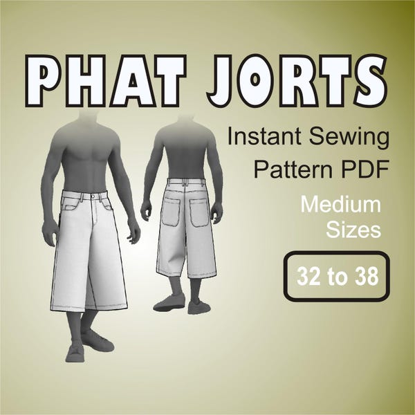 Phat Jorts Baggy Bermudas Oversized Wide Leg Skater Short Jeans - Digital Sewing Pattern PDF Medium Sizes 32, 34, 36, 38