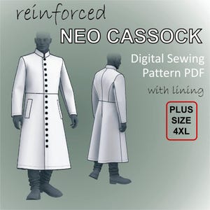 May include: A digital sewing pattern PDF for a Neo Cassock, shown in two views. The white garment features a button-down front, long sleeves, and a knee-length hem. The text "PLUS SIZE 4XL" is in a red box.