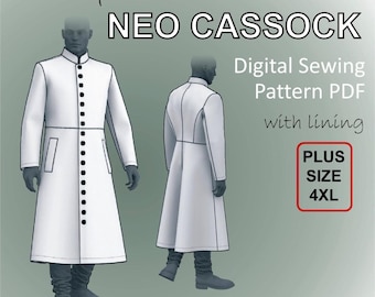 May include: A digital sewing pattern PDF for a Neo Cassock, shown in two views. The white garment features a button-down front, long sleeves, and a knee-length hem. The text "PLUS SIZE 4XL" is in a red box.