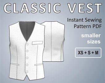 Smaller Sizes Classic Vest Pattern for Men Waistcoat man  XS + S + M (US 36 + 38 + 40) Digital Sewing Pattern PDF