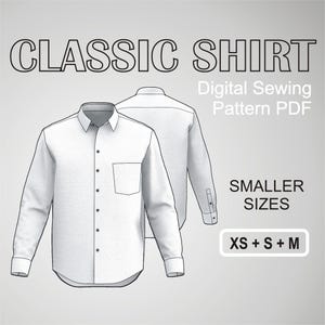 May include: A digital sewing pattern for a classic shirt in sizes XS, S, and M. The pattern is shown as a line drawing of a long-sleeved shirt with a button-down collar and a pocket on the left side.