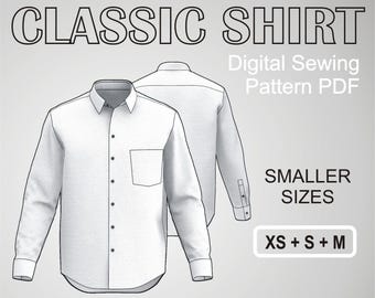 Classic Dress Shirt for men Button Up Business Formal Shirt - Smaller Sizes - XS + S + M - Digital Sewing Pattern PDF