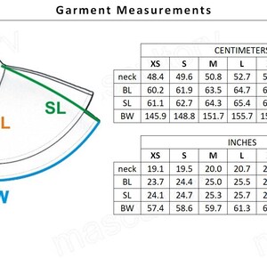 May include: Diagram of garment measurements, including neck, back length (BL), sleeve length (SL), and body width (BW). Measurements are provided in both centimeters and inches for sizes XS to 3XL.