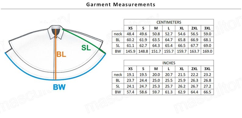 May include: Diagram of garment measurements, including neck, back length (BL), sleeve length (SL), and body width (BW). Measurements are provided in both centimeters and inches for sizes XS to 3XL.