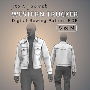 May include: Digital sewing pattern for a Western Trucker jean jacket, size M. The image shows a front and back view of the jacket in white, with two chest pockets and a classic collar. The text "jean jacket" is at the top.