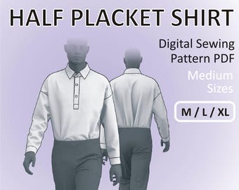 Half-Placket Shirt for men Oversized Popover Shirt with long sleeves - Medium Sizes  M / L / XL - Digital Sewing Pattern PDF