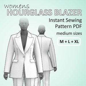 Hourglass Blazer Feminine Suit Jacket for Women with Lapel and full Lining - Medium Sizes M+L+XL - Digital Sewing Pattern PDF