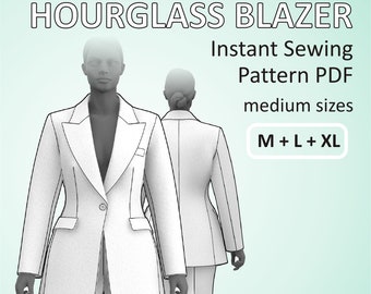 Hourglass Blazer Veste de costume féminine pour femmes avec revers et doublure complète - Tailles moyennes M+L+XL - Modèle de couture numérique PDF