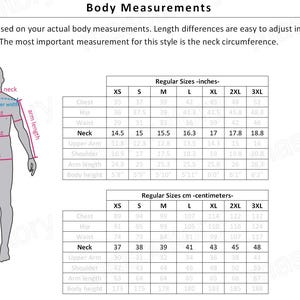 May include: Diagram illustrating body measurements for clothing sizes, including chest, hip, waist, and neck circumference in inches. The text reads "Body Measurements" and provides instructions for choosing the correct size.