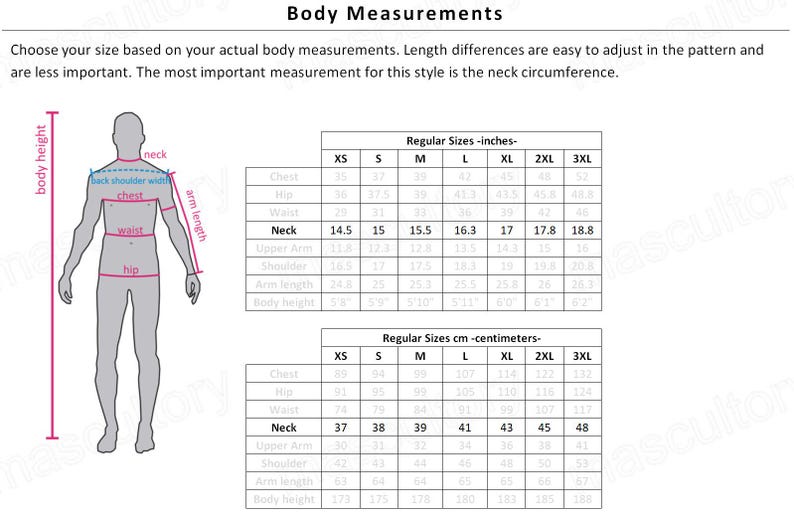 May include: Diagram illustrating body measurements for clothing sizes, including chest, hip, waist, and neck circumference in inches. The text reads "Body Measurements" and provides instructions for choosing the correct size.
