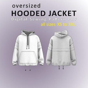 Oversized Half-Zip Hooded Jacket with Dropped Shoulder - All Sizes - Digital Sewing Pattern PDF image 1