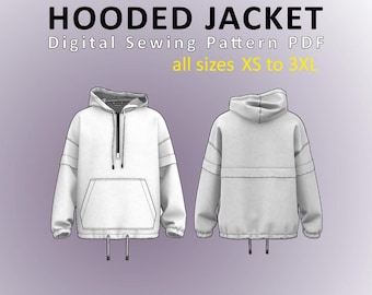 Oversized Half-Zip Hooded Jacket with Dropped Shoulder - All Sizes - Digital Sewing Pattern PDF