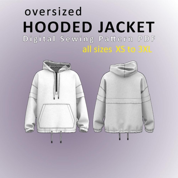 Oversized Half-Zip Hooded Jacket with Dropped Shoulder - All Sizes - Digital Sewing Pattern PDF